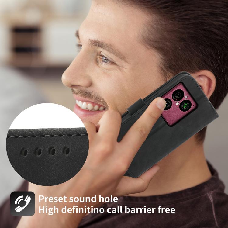 Black flip phone case with preset sound hole for call audio.