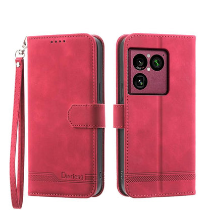 Red flip wallet phone case with wrist strap and back camera cutout.