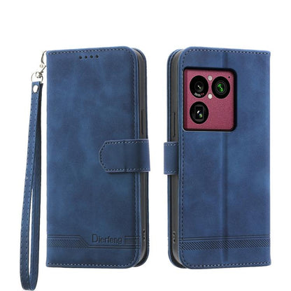 Blue flip wallet phone case with wrist strap and back camera cutout.