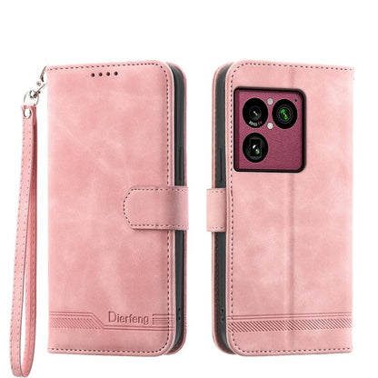 Pink flip wallet phone case with wrist strap and back camera cutout.