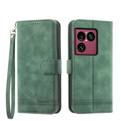 Green wallet-style phone case with wrist strap and magnetic flap; camera cutout.