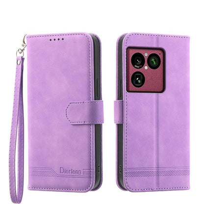 Purple wallet-style phone case with wrist strap and magnetic flap; camera cutout.