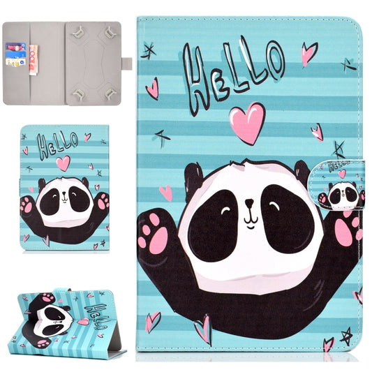 Tablet case with flip cover, blue panda drawing with hearts and paw print accents