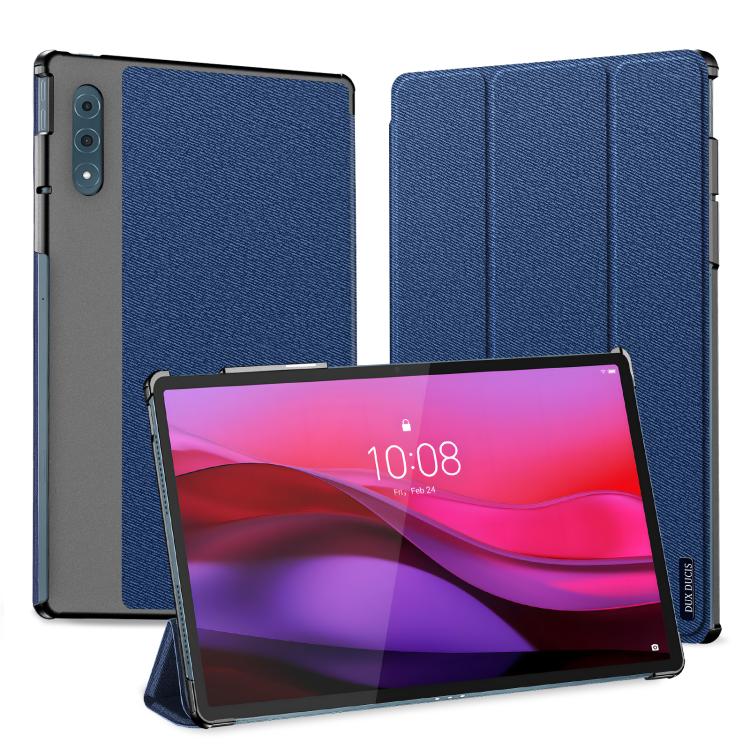 Blue magnetic flip tablet case with textured cover and built-in stand, shown with tablet