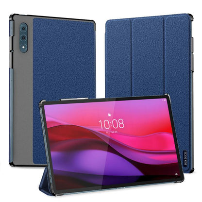 Blue magnetic flip tablet case with textured cover and built-in stand, shown with tablet