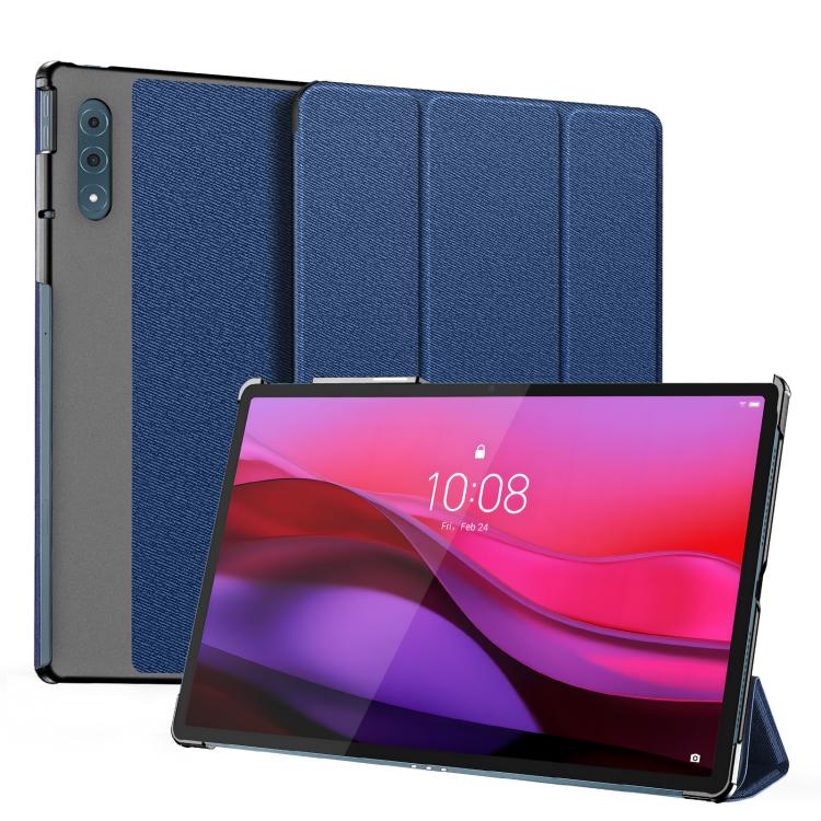 Blue folio magnetic tablet case with fold-out stand, shown with tablet in portrait view