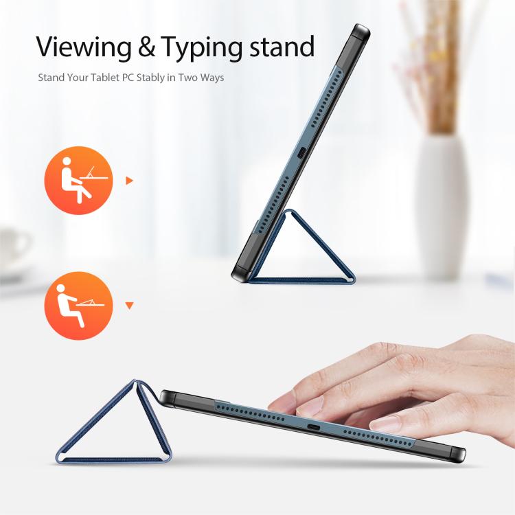 Blue tablet case folio folded into a viewing and typing stand, shown at two angles