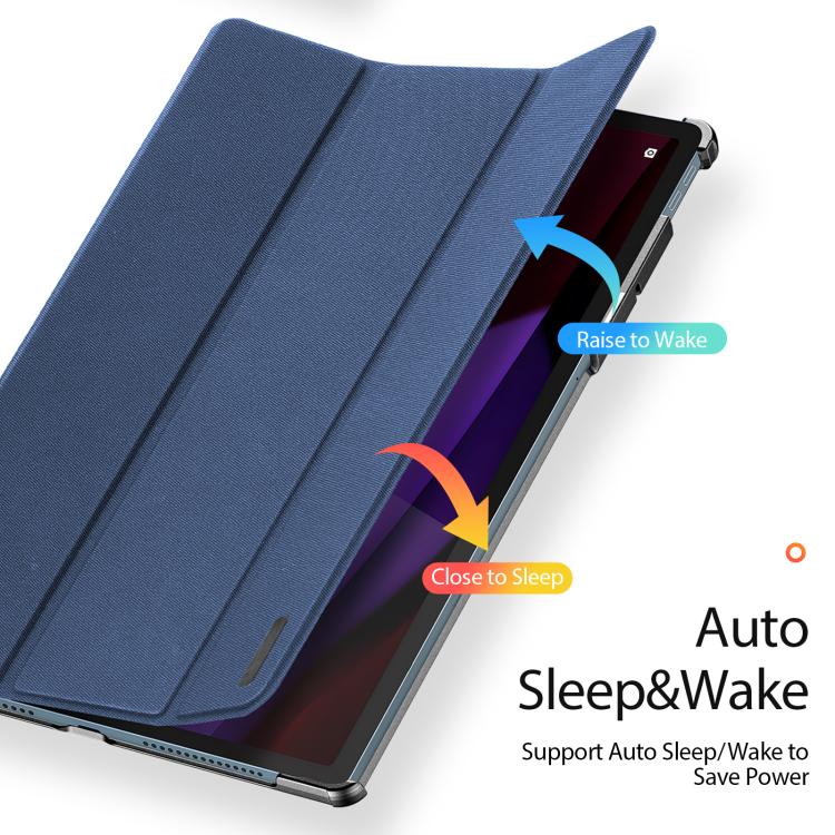 Blue folio tablet case with hinged cover, angled for stand support