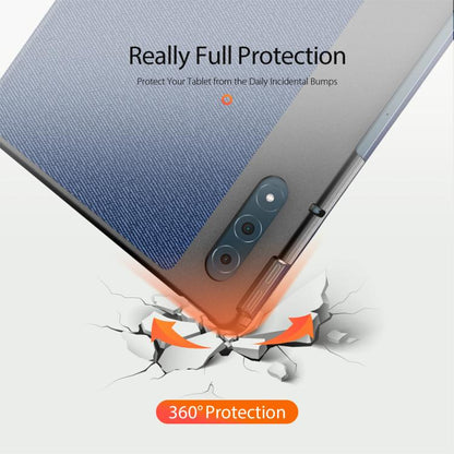Blue textured tablet case with reinforced edges for full protection, shown with impact icons