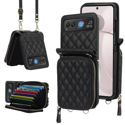 Rhombic Texture Card Bag Phone Case with Dual Lanyard, For Motorola Razr 40