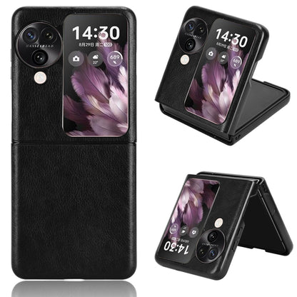 Black litchi-texture phone case with kickstand, showing camera cutouts and screen cover