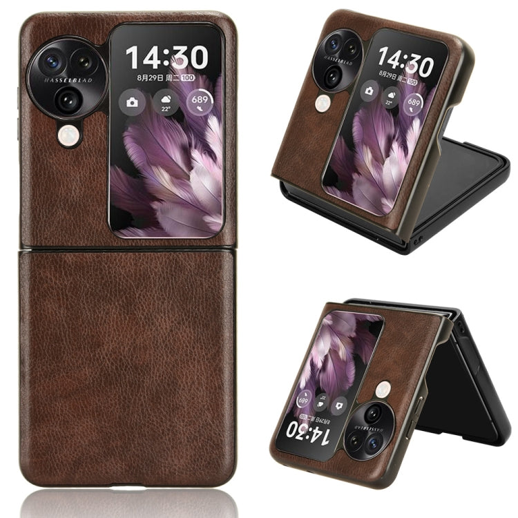 Brown litchi-texture phone case with kickstand, showing camera cutouts and screen cover