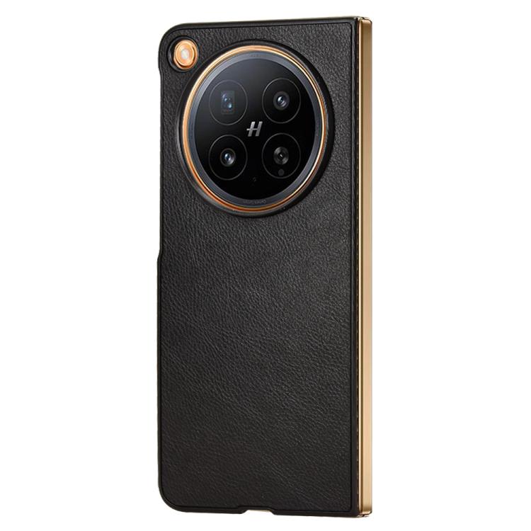 Litchi-texture phone back case in black, showing circular camera-ring detail.