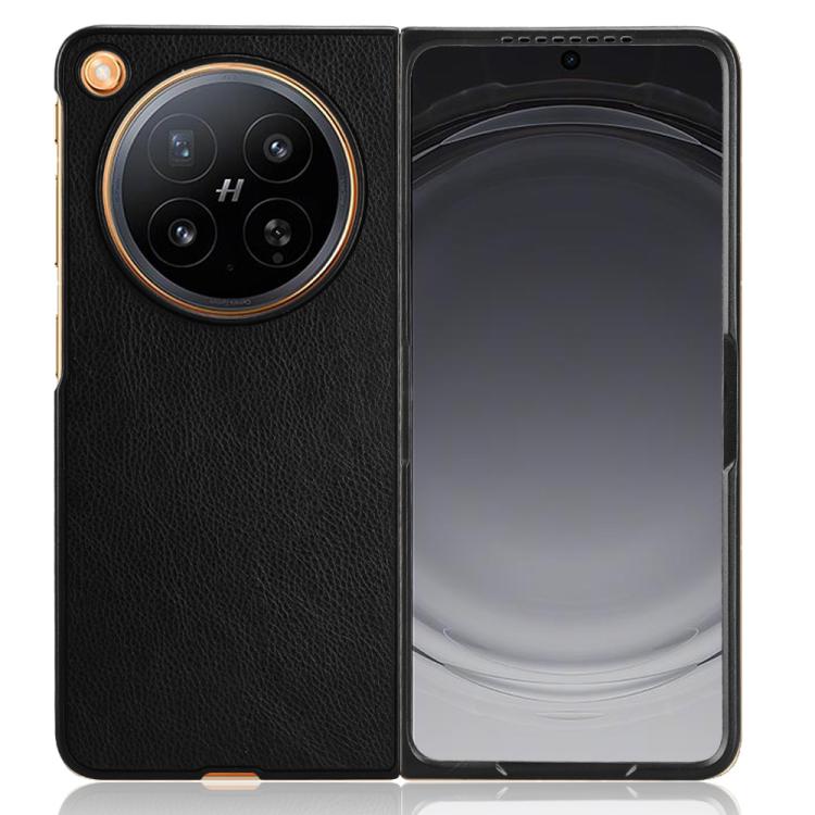Litchi-texture phone case in black with circular camera-ring cutout and side openings.