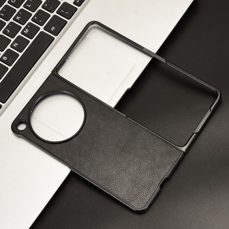 Litchi-texture phone back case in black with camera cutout and protective edges.