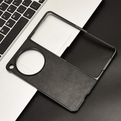 Litchi-texture phone back case in black with camera cutout and protective edges.