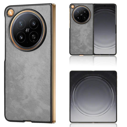 Litchi-texture phone back case in grey with circular camera-ring cutouts.