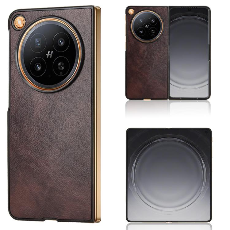 Litchi-texture phone back case in brown with circular camera-ring cutouts.