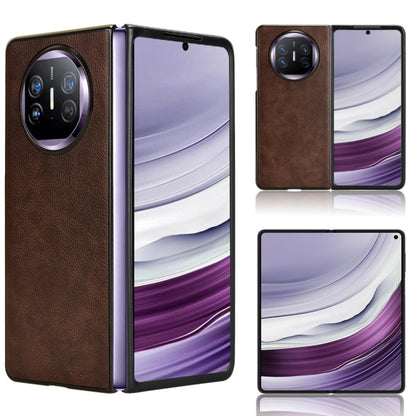 Brown litchi-texture folding phone case with camera cutout and protective side panels