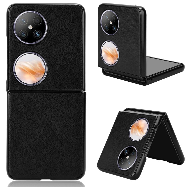 Black litchi-texture phone case with camera cutout and foldable stand