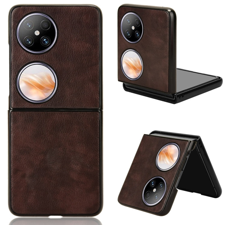 Brown litchi-texture phone case with camera cutout and foldable stand