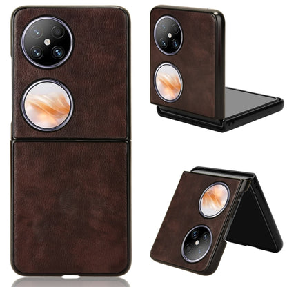 Brown litchi-texture phone case with camera cutout and foldable stand