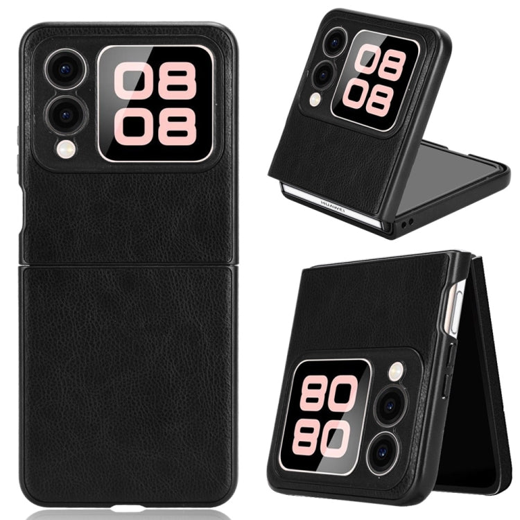 Black litchi-texture phone case with cutouts and foldable stand