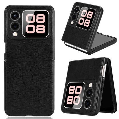 Black litchi-texture phone case with cutouts and foldable stand