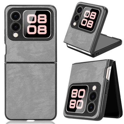 Grey litchi-texture phone case with cutouts and foldable stand