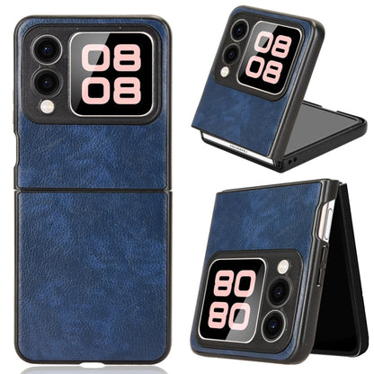Blue litchi-texture phone case with cutouts and foldable stand