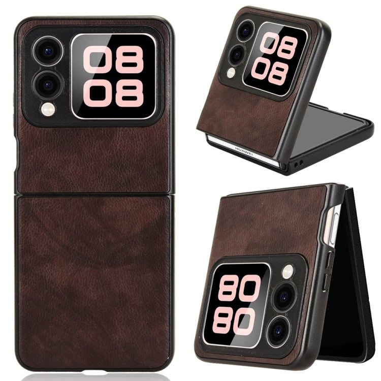 Brown litchi-texture phone case with cutouts and foldable stand