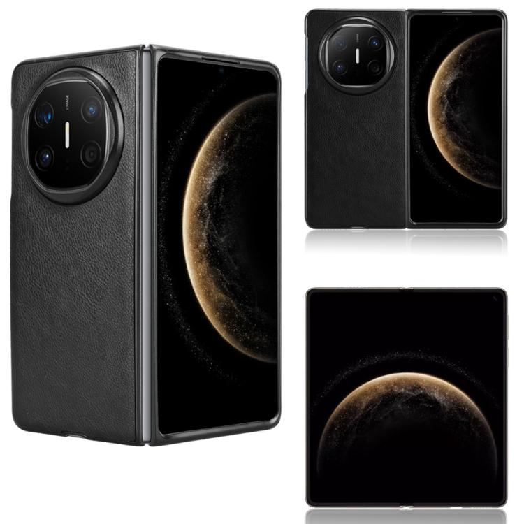 Litchi-texture flip phone case, black, shown with case open and closed views.