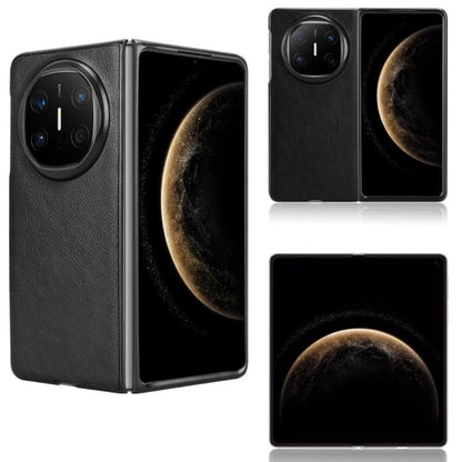 Litchi-texture flip phone case, black, shown with case open and closed views.