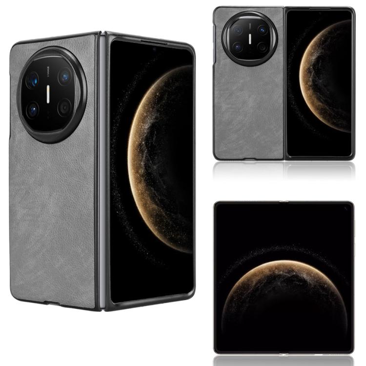 Litchi-texture flip phone case, grey, shown with case open and closed views.