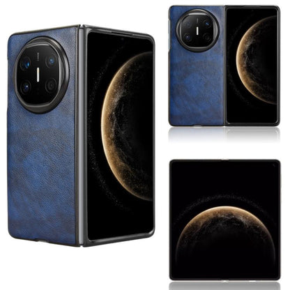 Litchi-texture flip phone case, blue, shown with case open and closed views.