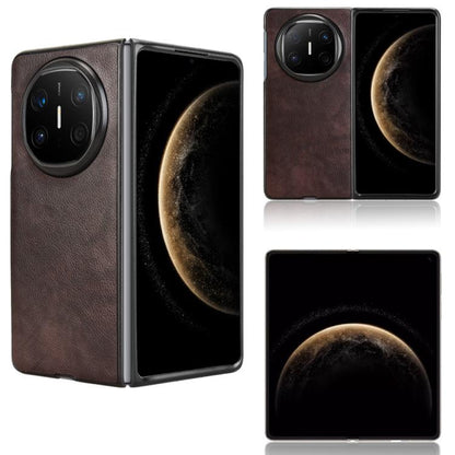 Litchi-texture flip phone case, brown, shown with case open and closed views.