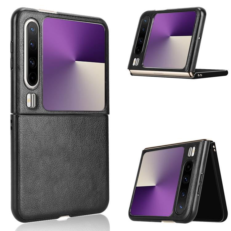 Litchi-texture flip phone case, black, with front cover folded open.
