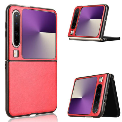 Litchi-texture flip phone case, red, with front cover folded open.