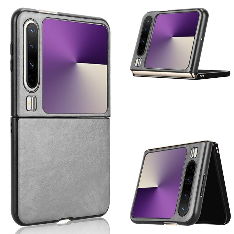 Litchi-texture flip phone case, grey, with front cover folded open.