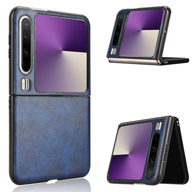 Litchi-texture flip phone case, blue, with front cover folded open.