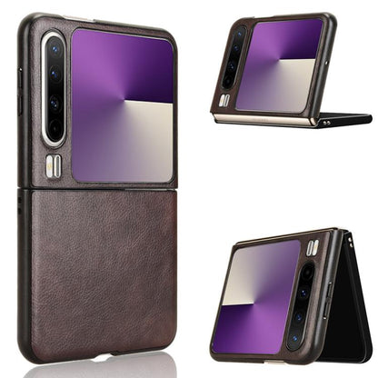 Litchi-texture flip phone case, brown, with front cover folded open.