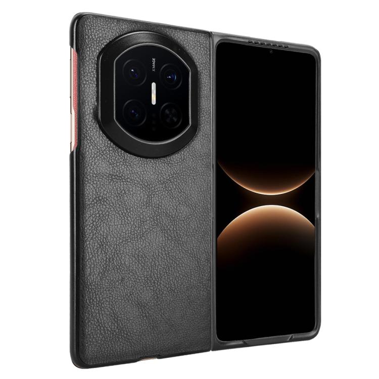 Litchi-textured phone case with camera cutout, light gray back cover.