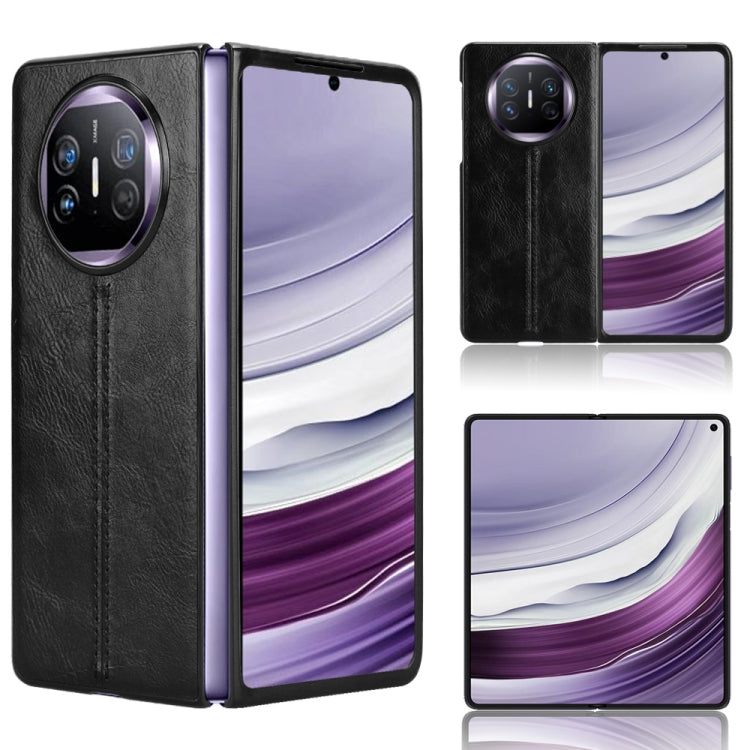 Black leather-style flip phone case with circular camera opening and stitching.