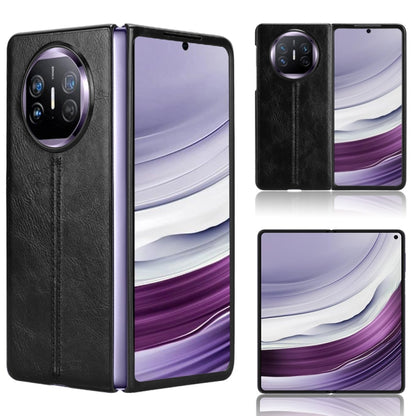 Black leather-style flip phone case with circular camera opening and stitching.
