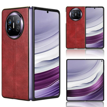Red leather-style flip phone case with circular camera opening and stitching.