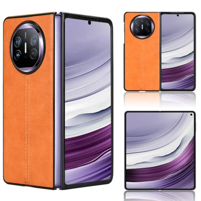 Orange leather-style flip phone case with circular camera opening and stitching.