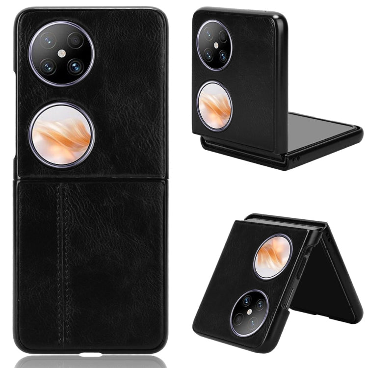 Black faux-leather flip phone case with stitched seam and camera cutouts.