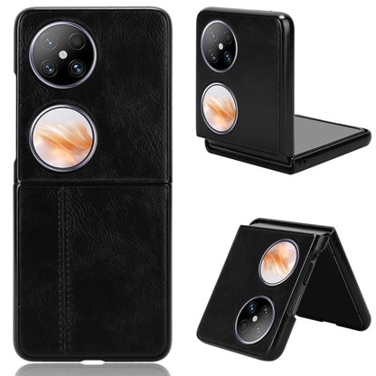 Black faux-leather flip phone case with stitched seam and camera cutouts.
