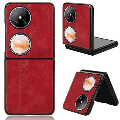 Red faux-leather flip phone case with stitched seam and camera cutouts.