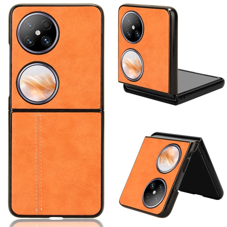Orange faux-leather flip phone case with stitched seam and camera cutouts.